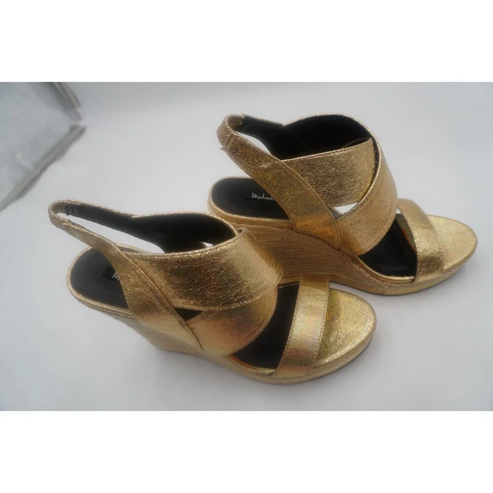 Michael Antonio Gerey Met Metallic Gold Strappy Espadrille Open Toe Wedge Size 9